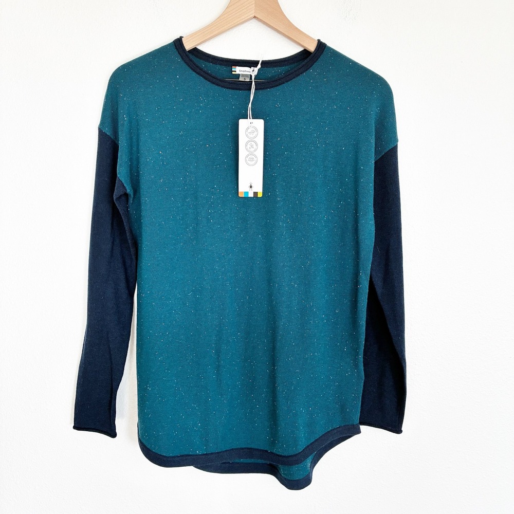 NWT Smartwool Colorblock Sweater Womens S Teal Merino Wool Speckled Shadow Pine